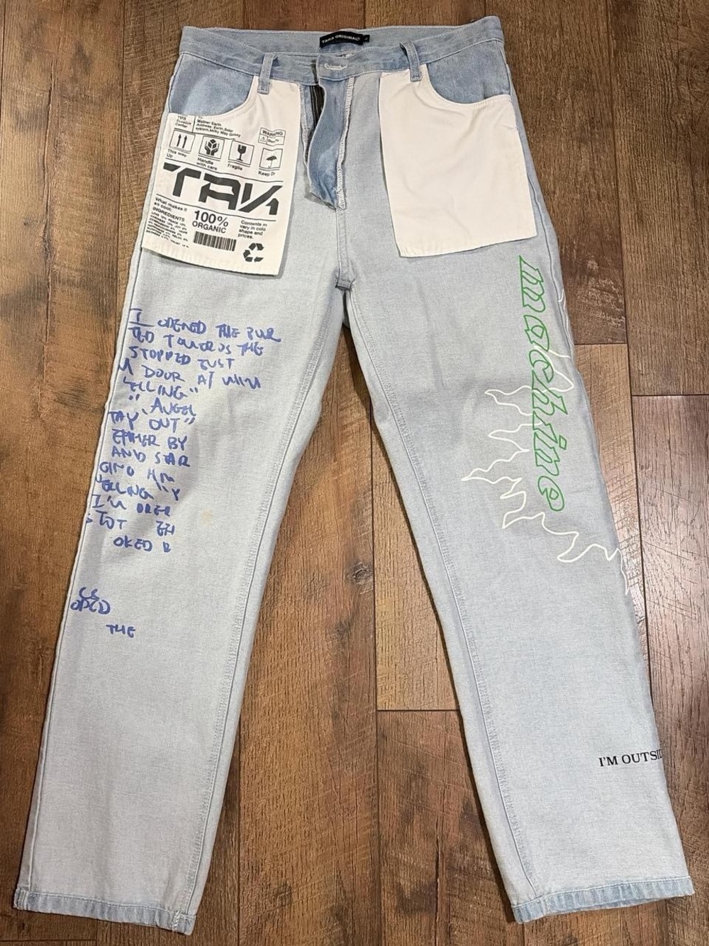 TAKA ORIGINAL Light Wash Graphic Patchwork Jeans with Green Script